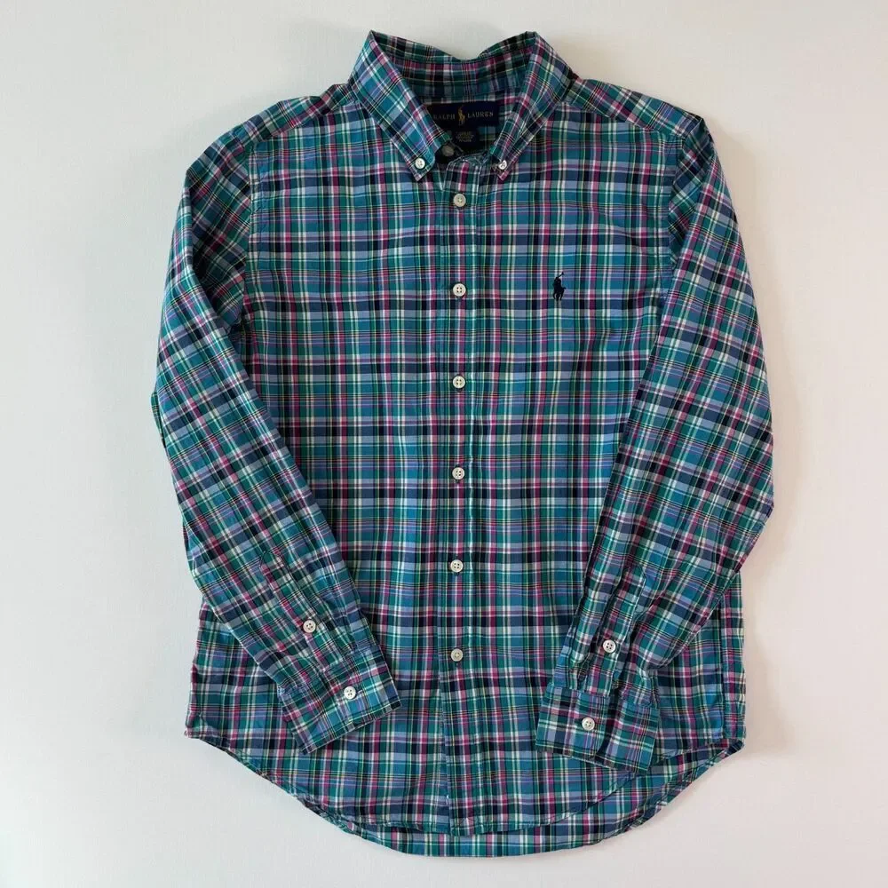 Ralph Lauren BOYS Long Sleeve Button Down Sz. L (14-16) Plaid Blue Pink Green